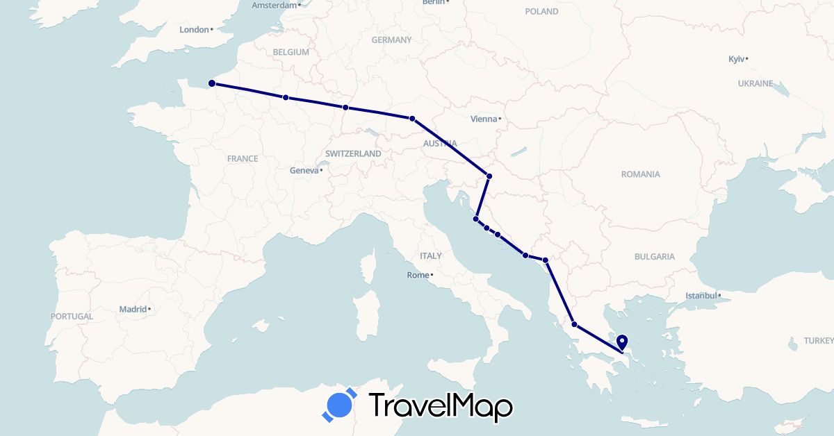 TravelMap itinerary: driving in Germany, France, Greece, Croatia, Montenegro (Europe)